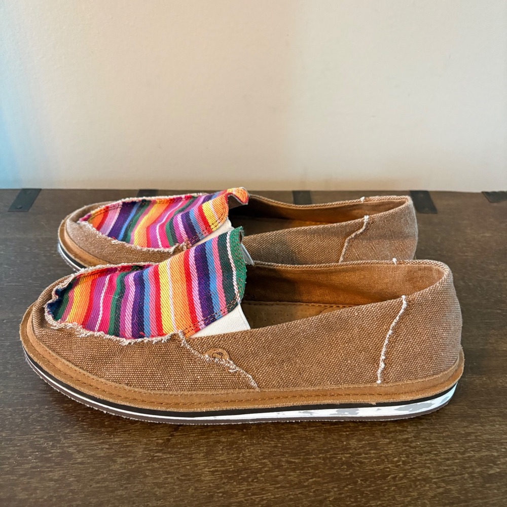 Lamo Womens Brown Canvas Striped Slip On Loafers 10 Raw Edge Casual Shoes Beach